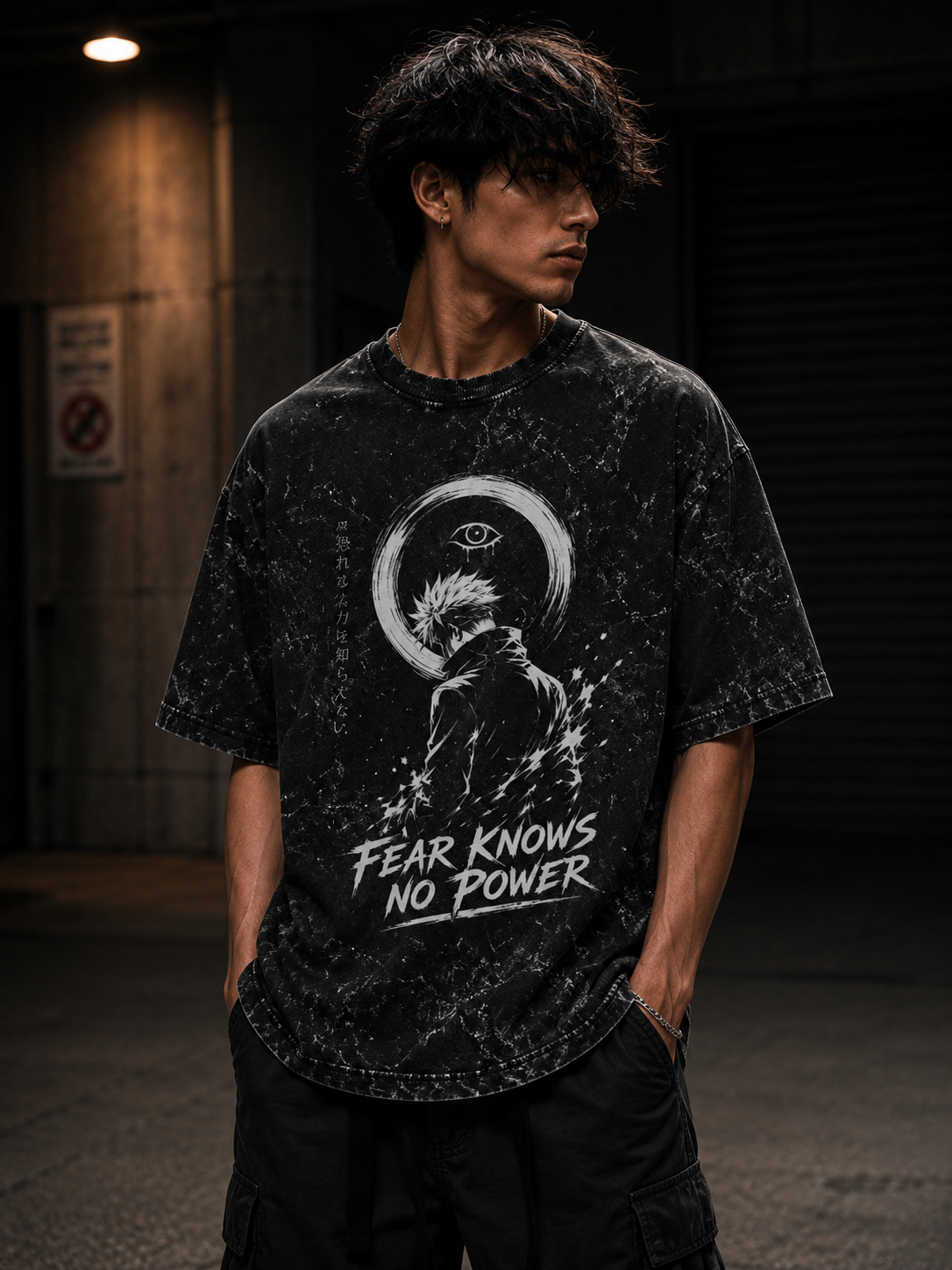 Fear Knows No Power Anime Inspired Unisex Acid Washed Oversized Tee