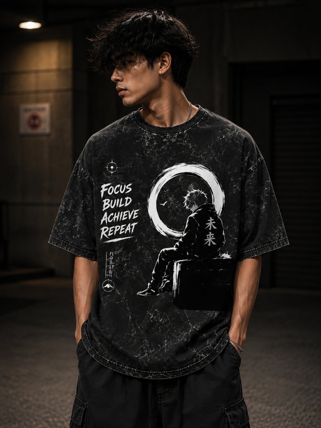 Focus Buils Achieve Repeat Anime Inspired Unisex Acid Washed Oversized Tee