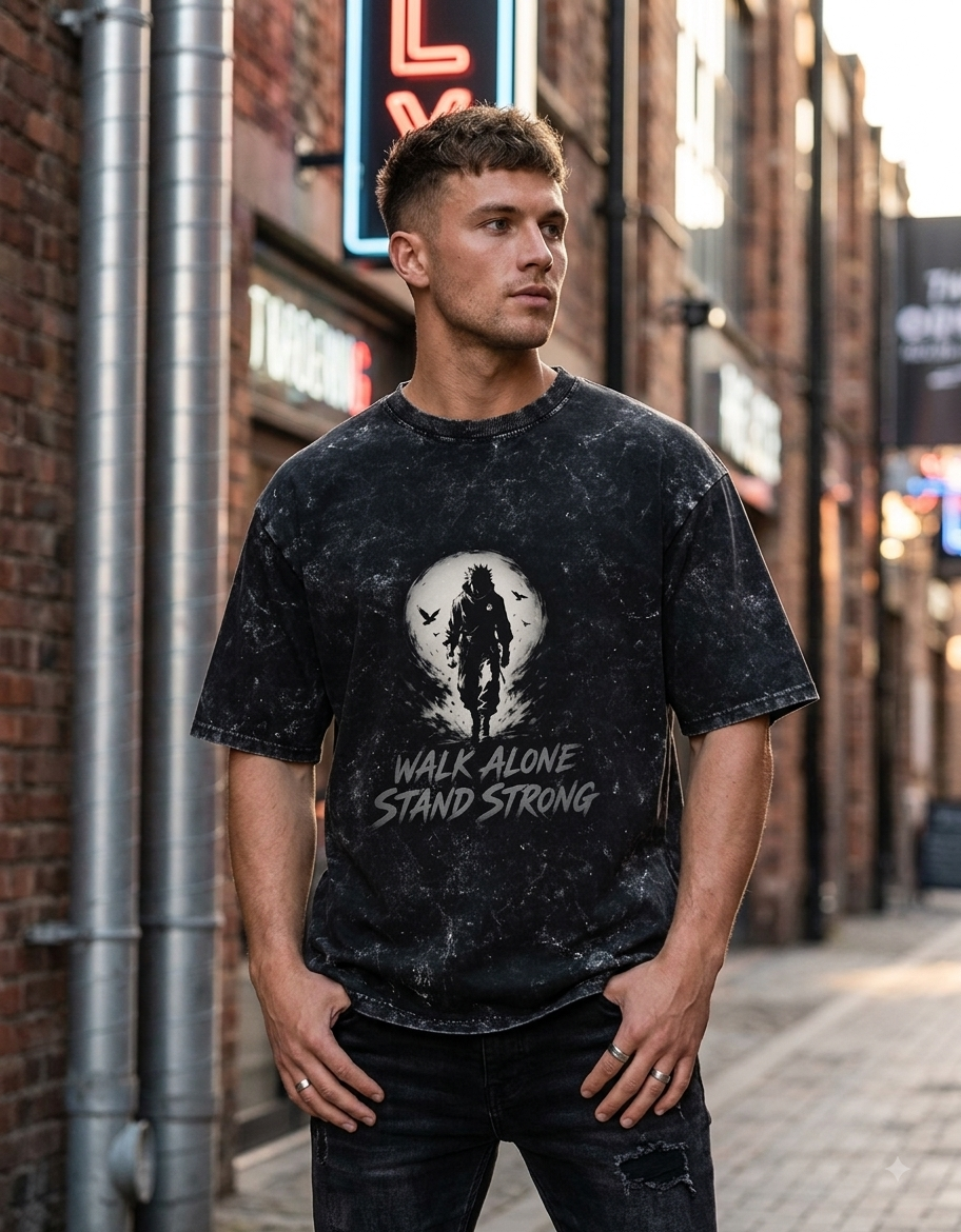 Walk Alone Stand Storng Anime Inspired Unisex Acid Washed Oversized Tee