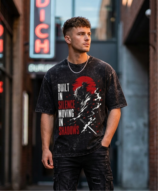 Build In Silence Moving In Shadows Anime Inspired Unisex Acid Washed Oversized Tee
