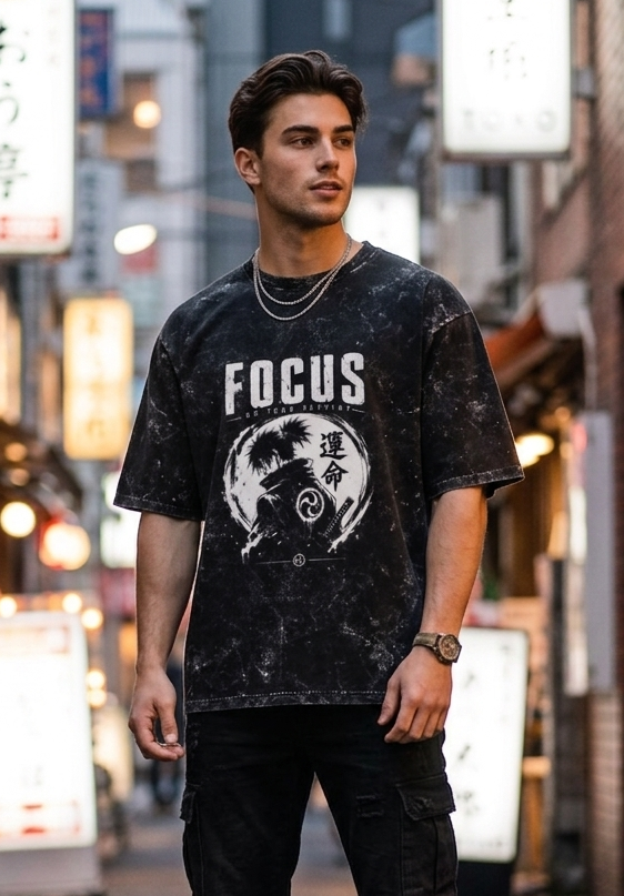 Focus Anime Inspired Unisex Acid Washed Oversized Tee