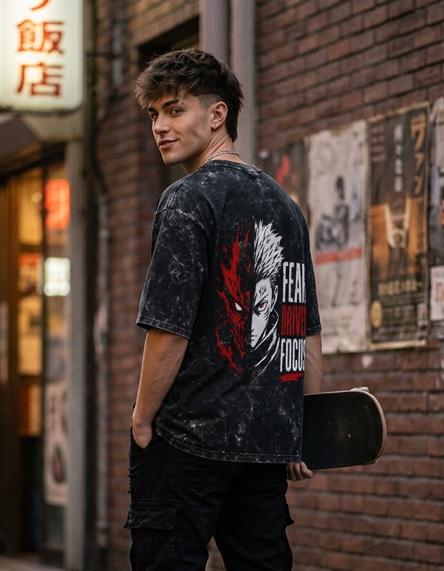 Fear Drives Focus Anime Inspired Unisex Acid Washed Oversized Tee