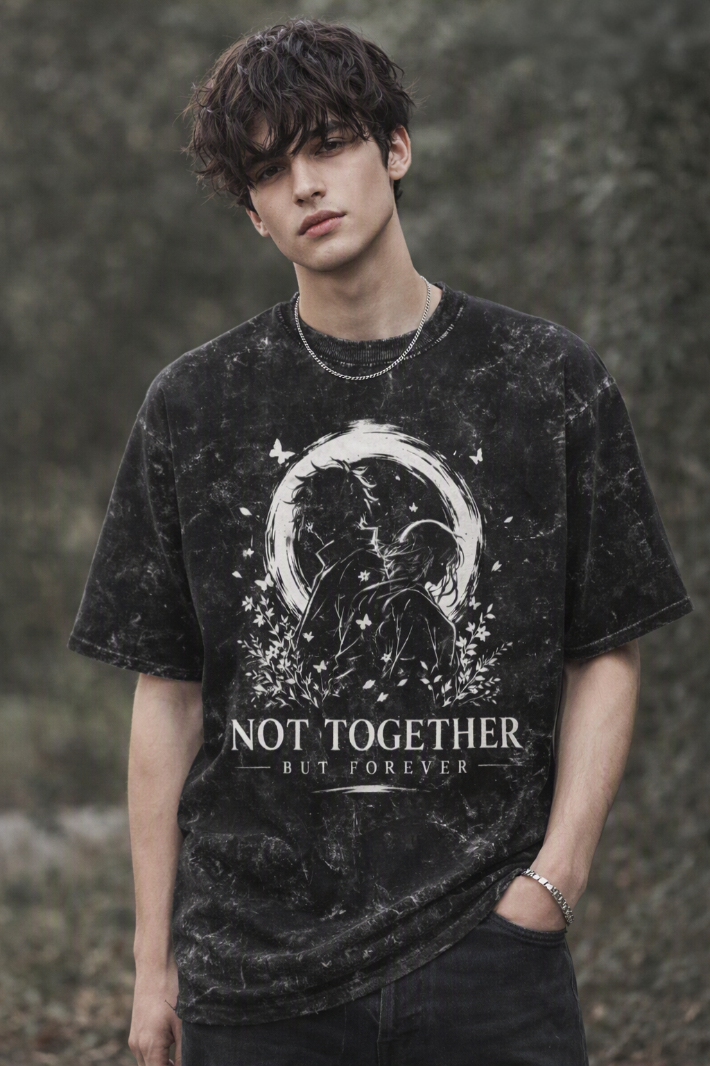 Not Together But Forever Anime Inspired Unisex Acid Washed Oversized Tee